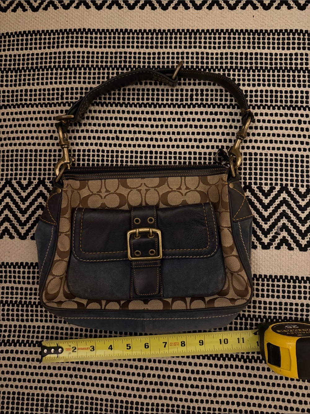 Coach Brown Logo Canvas Shoulder Bag with Dark Blue Leather Trim - Picture 12 of 12